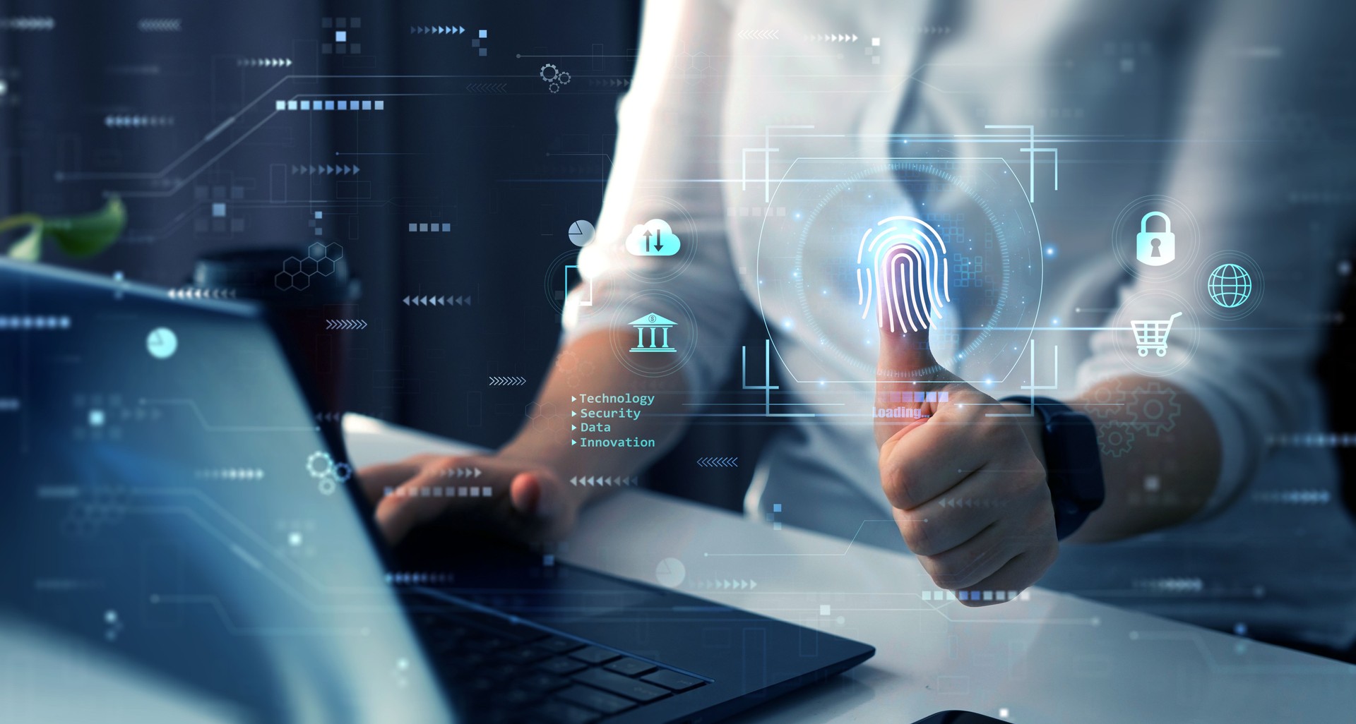Fingerprint indentification to personal access. Biometrics security, E-kyc, innovation technology concept.